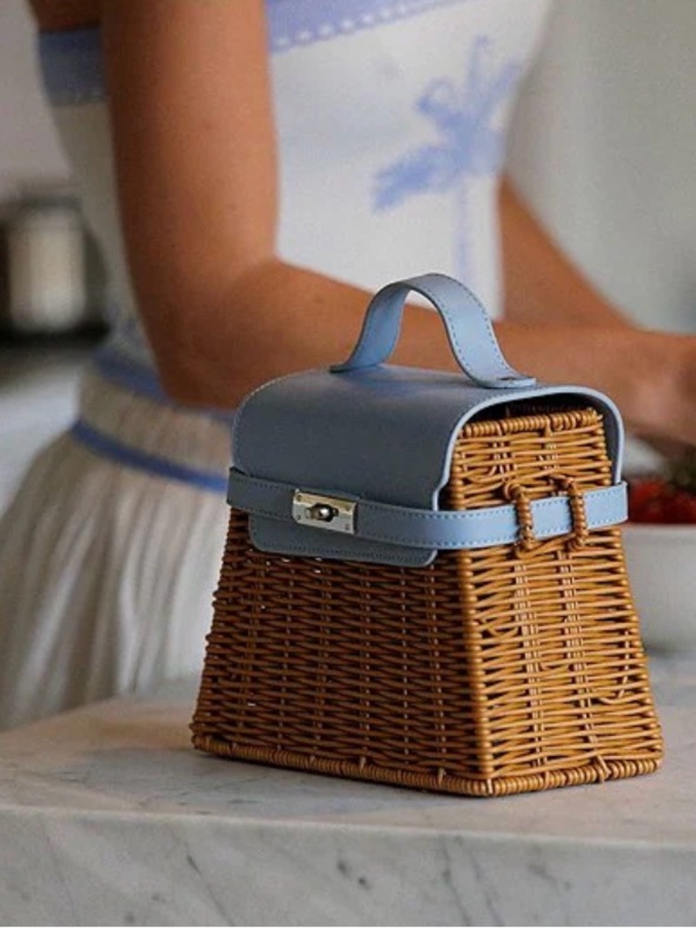 Gianni Bini Sky Blue Leather Trim Wicker Crossbody Bag